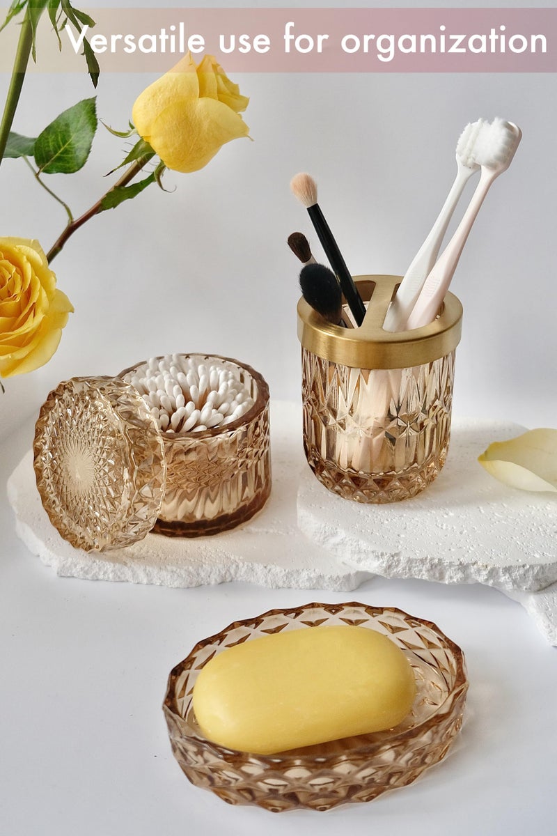 LaMarriti Brown Bathroom Accessories Set  5Pcs Clear Glass Bathroom Accessories  Lotion Soap Dispenser  Toothbrush Holder Set  Soap Dish  Qtip Holder  Tumbler  Vintage Bathroom Set  Vanity Organizer - Image 3